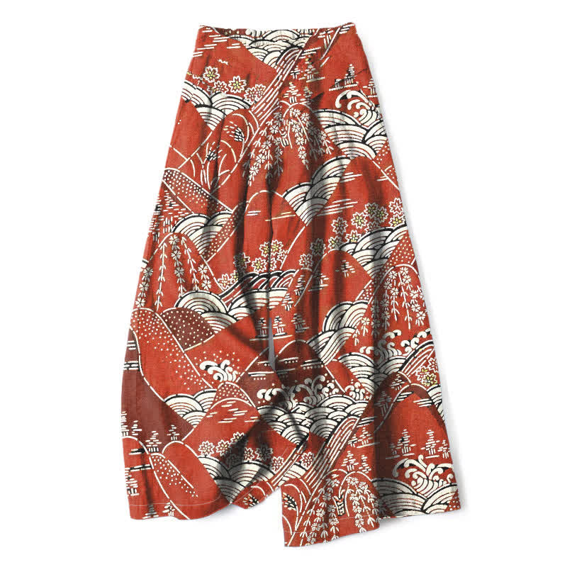 Buddha Stones Damesbroek met elastische Taille, wijde pijpen en Zakken , van katoen en linnen met Japans golfpatroon. - Indisch Rood - US16, UK/AU20, EU48 (3XL) - image 0