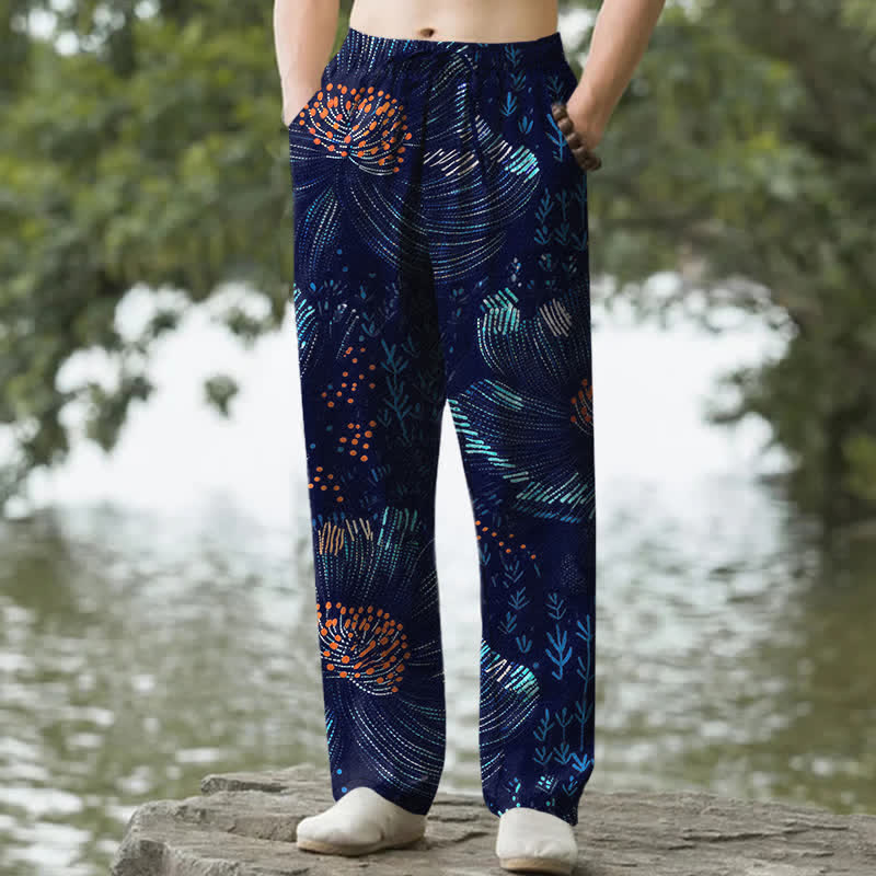 Buddha Stones Katoenen herenbroek met bloemenprint en taps toelopende pijpen, inclusief Zakken. - Marine - US/UK/AU50, EU60 (5XL) - image 0