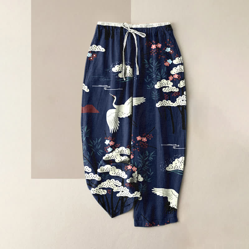 Buddha Stones Damesbroek van 100% Cotton met elastische Taille en Zakken , met sierlijk kraanvogel- en witboompatroon. - Marine - US16, UK/AU20, EU48 (3XL) - image 0