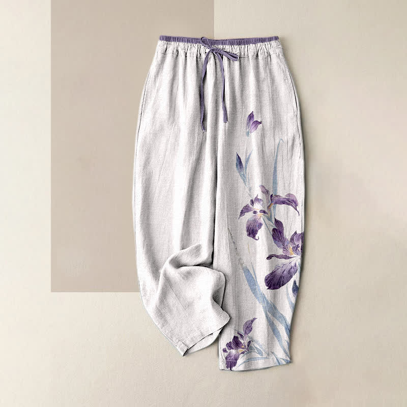 Buddha Stones Damesbroek van 100% Cotton met elegant irispatroon, elastische Taille en Zakken. - Witte rook - US16, UK/AU20, EU48 (3XL) - image 0