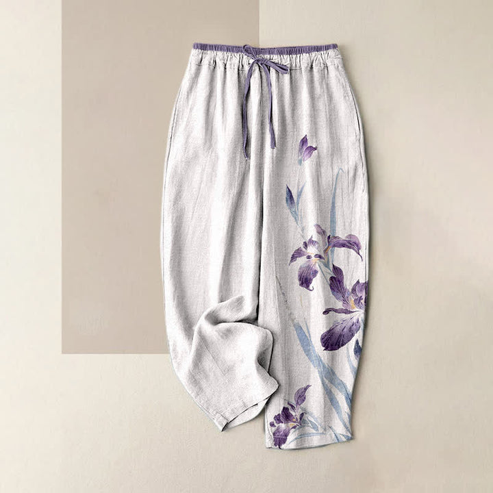 Buddha Stones Damesbroek van 100% Cotton met elegant irispatroon, elastische Taille en Zakken. - Witte rook - US16, UK/AU20, EU48 (3XL) - image 0