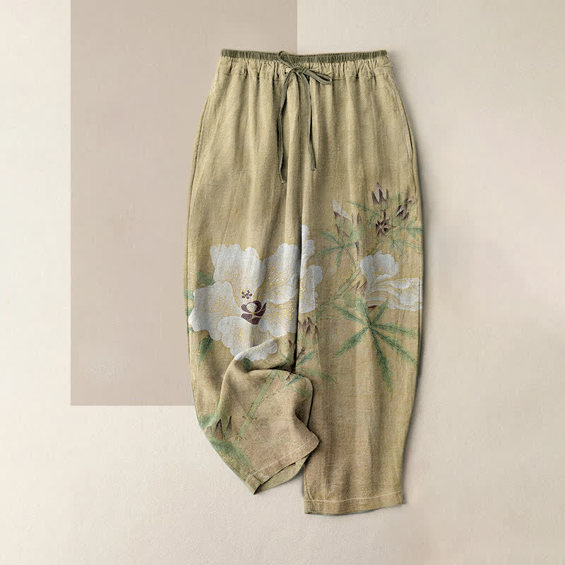 Buddha Stones Witte damesbroek van 100% Cotton met bloemen- en bladmotief, elastische Taille en Zakken. - Donker kaki - US16, UK/AU20, EU48 (3XL) - image 0