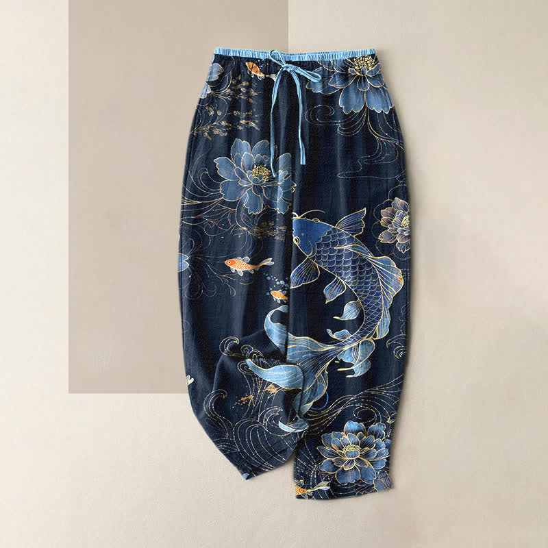 Buddha Stones Damesbroek van 100% Cotton katoen met elastische Taille en Zakken , met koi-vis- en lotusmotief. - Marine - US16, UK/AU20, EU48 (3XL) - image 0