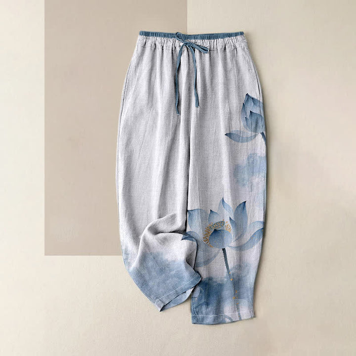 Buddha Stones Damesbroek van 100% Cotton katoen met lotusprint, elastische Taille en Zakken. - Lichtblauw - US16, UK/AU20, EU48 (3XL) - image 0