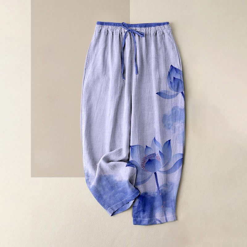 Buddha Stones Damesbroek van 100% Cotton katoen met lotusprint, elastische Taille en Zakken. - Middelblauw - US16, UK/AU20, EU48 (3XL) - image 3