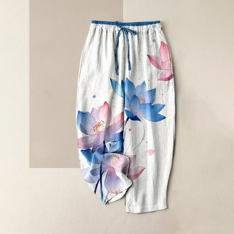 Buddha Stones Damesbroek van 100% Cotton katoen met elastische Taille en Zakken , met aquarel lotuspatroon. - Wit - US16, UK/AU20, EU48 (3XL) - image 0