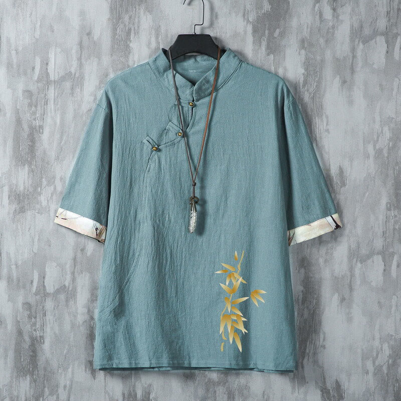 Buddha Stones Zomerse Tang-stijl casual Overhemden met kikkerknopen en bamboe details en Korte mouw - CadetBlue - US/UK/AU46, EU56 (5XL) - image 0