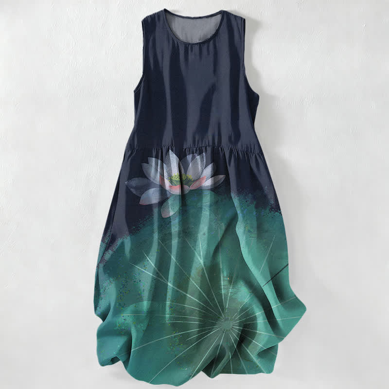Buddha Stones Zomerse casual Mouwloos Midi -jurk voor dames met lotusvijverpatroon en Zakken - image 0