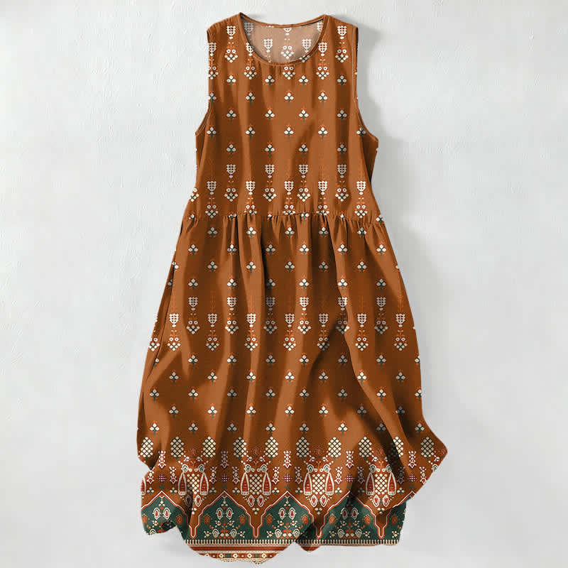 Buddha Stones Zomerse casual bohemian zomerjurk met geometrische bloemenrand, Mouwloos Midi -jurk voor dames met Zakken - Peru - US16, UK/AU20, EU48 (3XL) - image 0