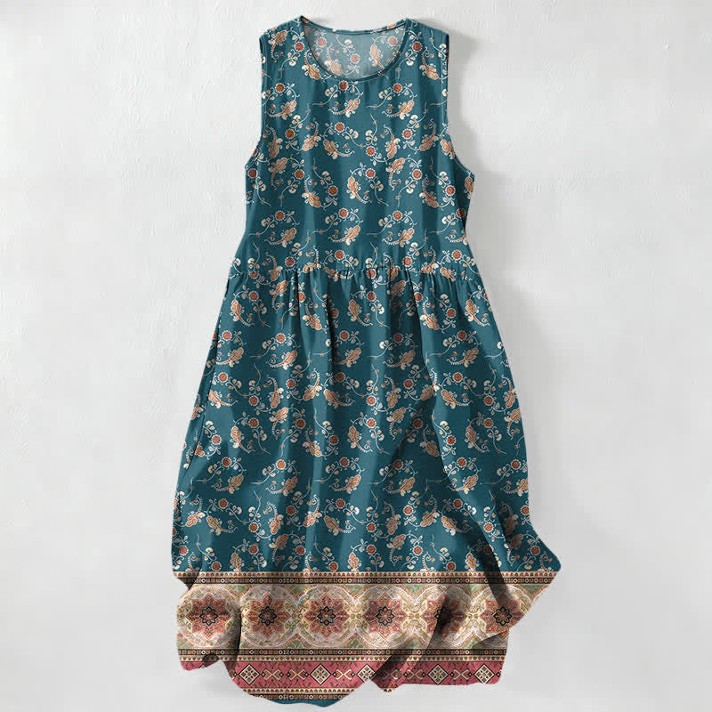 Buddha Stones Zomerse casual Mouwloos Midi -jurk voor dames met bloemenrankenpatroon en Zakken. - Teal - US16, UK/AU20, EU48 (3XL) - image 0