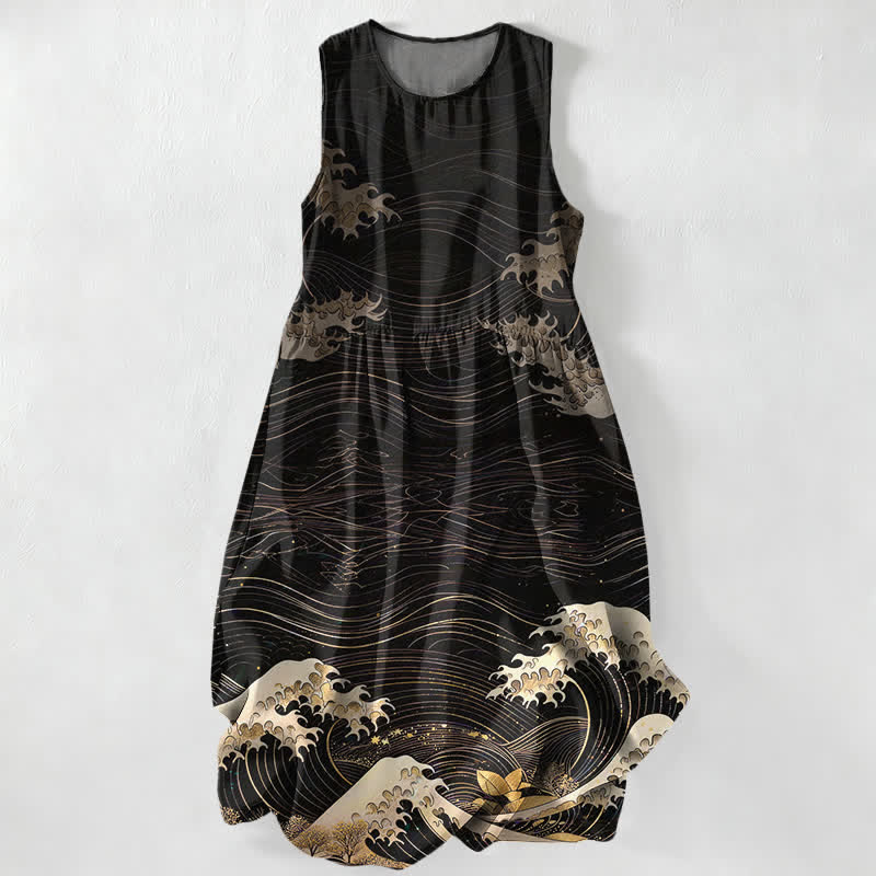Buddha Stones Zomerse casual Ukiyoe Midi -jurk voor dames met oceaan golvenpatroon, Mouwloos en met Zakken. - Zwart - US16, UK/AU20, EU48 (3XL) - image 0