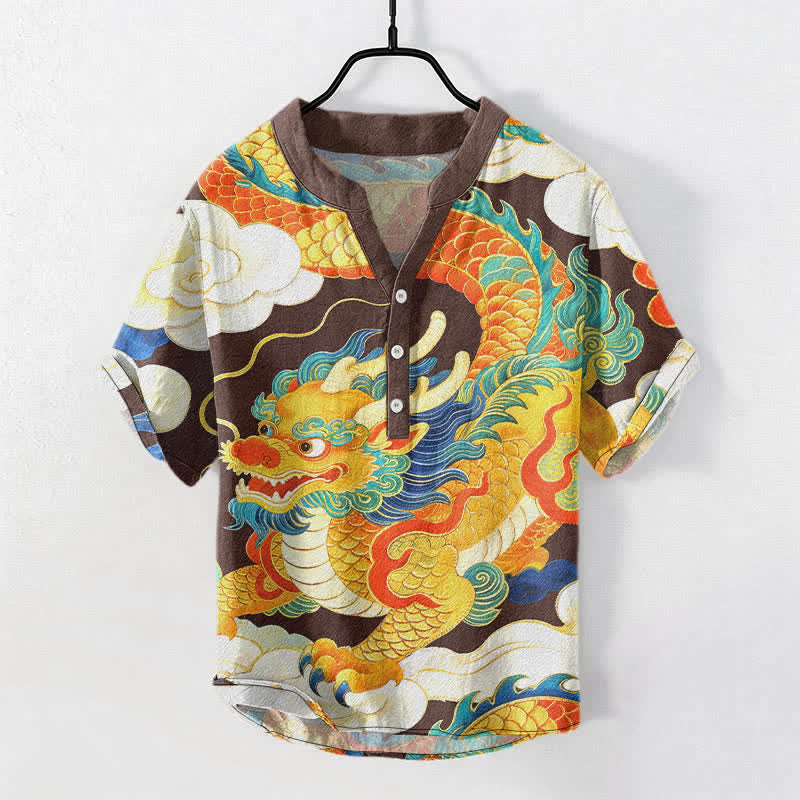 Buddha Stones Katoenen herenoverhemd met gouden draak en gelukbrengende wolkenpatroon , Korte mouw en halve knoopsluiting. - Zadelbruin - US/UK/AU50, EU60 (5XL) - image 0