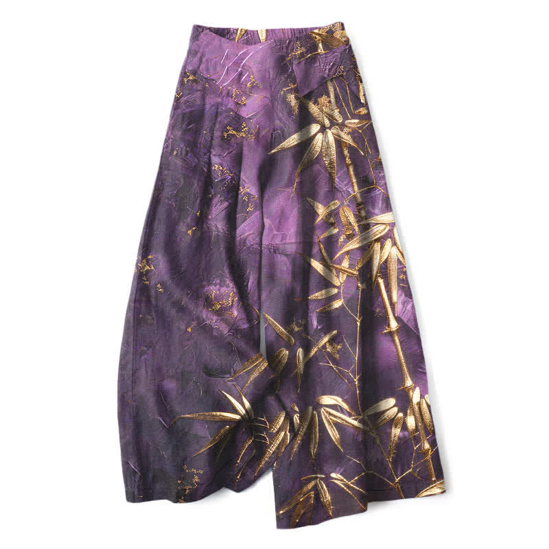 Buddha Stones Damesbroek met elastische Taille, wijde pijpen en Zakken , gemaakt van katoen-linnen met een gouden bamboepatroon. - Blauwviolet - US16, UK/AU20, EU48 (3XL) - image 0