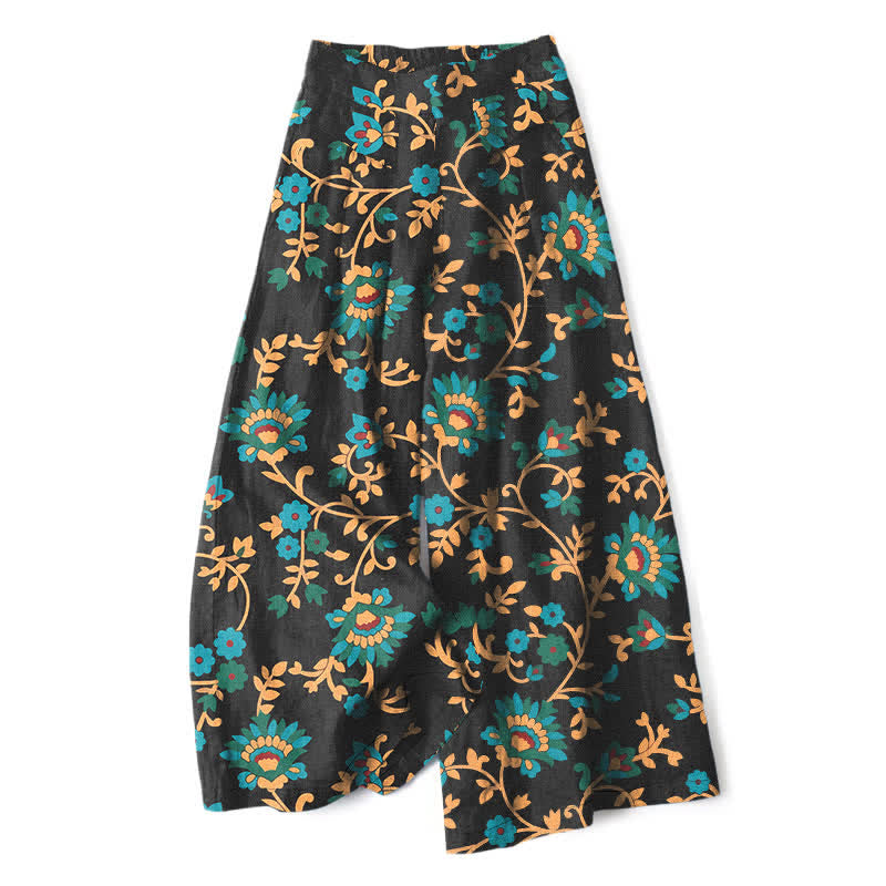 Buddha Stones Katoenen linnen damesbroek met wijde pijpen, elastische Taille en Zakken , turquoise bloemenprint en rankenmotief. - Zwart - US16, UK/AU20, EU48 (3XL) - image 0
