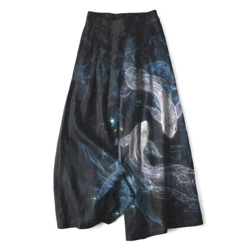 Buddha Stones Damesbroek met elastische Taille en wijde pijpen, voorzien van Zakken , van katoen en linnen met een mystiek vispatroon. - Zwart - US16, UK/AU20, EU48 (3XL) - image 0