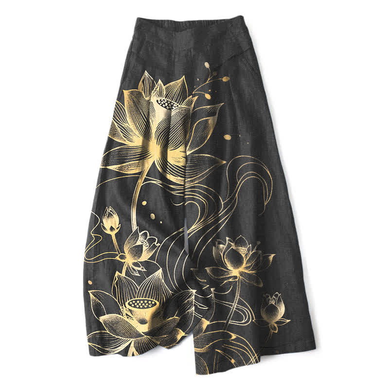 Buddha Stones Katoenen linnen damesbroek met gouden lotusprint, elastische Taille, wijde pijpen en Zakken. - Zwart - US16, UK/AU20, EU48 (3XL) - image 0