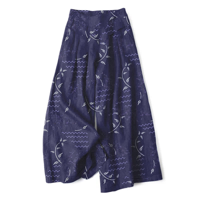 Buddha Stones Damesbroek met elastische Taille en wijde pijpen, van katoen en linnen met botanisch golfpatroon en Zakken. - Marine - US16, UK/AU20, EU48 (3XL) - image 0
