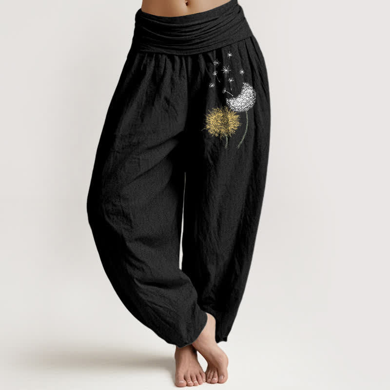 Buddha Stones Harembroek voor dames met elastische Taille en paardenbloemmotief van 100% Cotton - Zwart - US16, UK/AU20, EU48 (3XL) - image 0