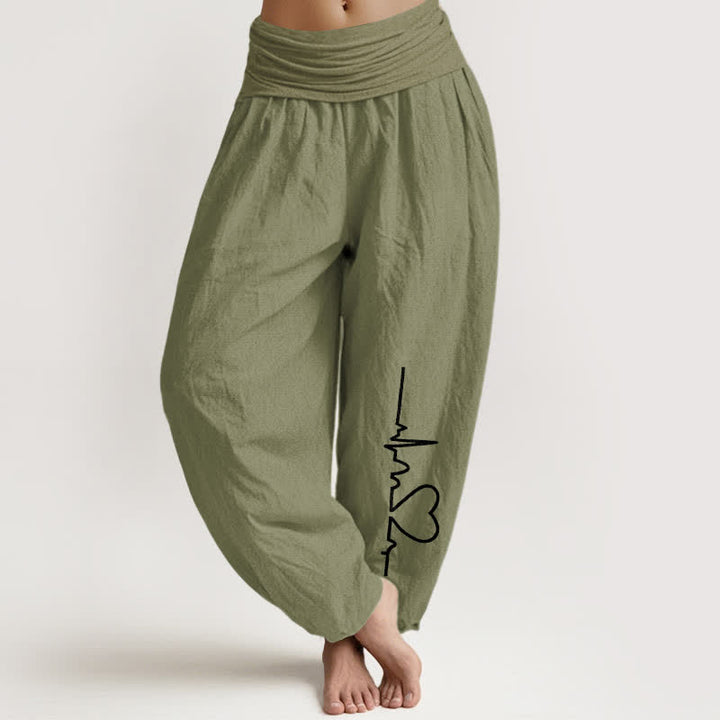 Buddha Stones Harembroek voor dames met elastische Taille en hartslagpatroon van 100% Cotton - Olijfgroen - US16, UK/AU20, EU48 (3XL) - image 14