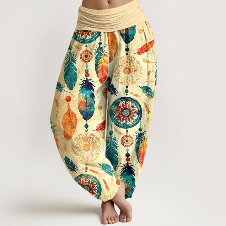 Buddha Stones Harembroek voor dames met elastische Taille en dromenvanger- en verenpatroon van 100% Cotton - Tarwe - US16, UK/AU20, EU48 (3XL) - image 0