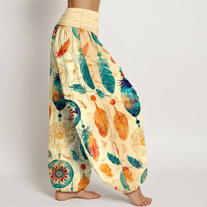 Buddha Stones Harembroek voor dames met elastische Taille en dromenvanger- en verenpatroon van 100% Cotton - image 1