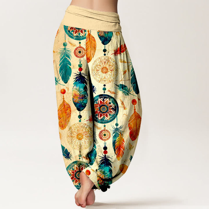 Buddha Stones Harembroek voor dames met elastische Taille en dromenvanger- en verenpatroon van 100% Cotton - image 2