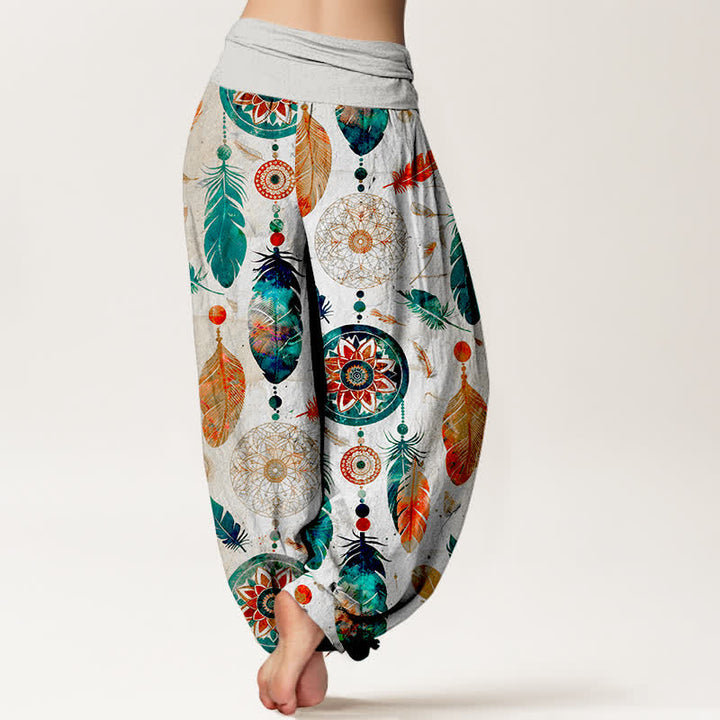 Buddha Stones Harembroek voor dames met elastische Taille en dromenvanger- en verenpatroon van 100% Cotton - image 10