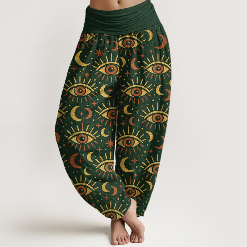 Buddha Stones Dames harembroek met elastische Taille en mystiek oog- en maanpatroon van katoen - Donkergroen - US16, UK/AU20, EU48 (3XL) - image 0