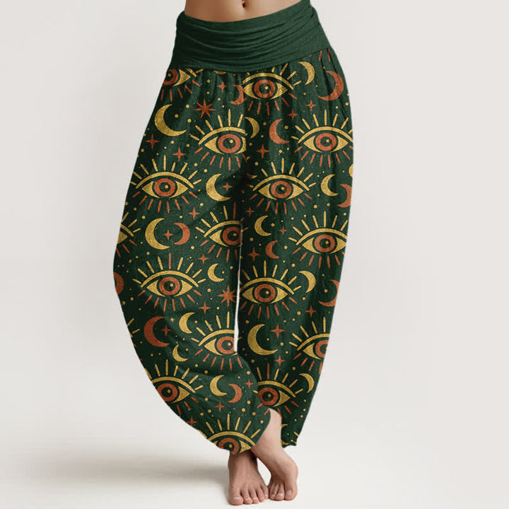 Buddha Stones Dames harembroek met elastische Taille en mystiek oog- en maanpatroon van katoen - Donkergroen - US16, UK/AU20, EU48 (3XL) - image 0