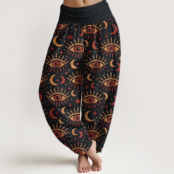 Buddha Stones Dames harembroek met elastische Taille en mystiek oog- en maanpatroon van katoen - Zwart - US16, UK/AU20, EU48 (3XL) - image 8