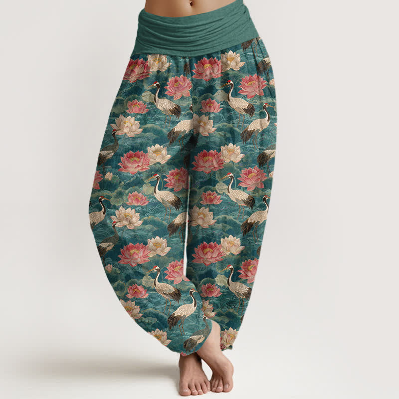Buddha Stones Dames harembroek met elastische Taille en lotus- en kraanvogelprint - Teal - US16, UK/AU20, EU48 (3XL) - image 0