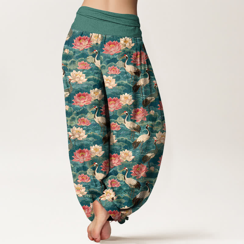 Buddha Stones Dames harembroek met elastische Taille en lotus- en kraanvogelprint - image 2