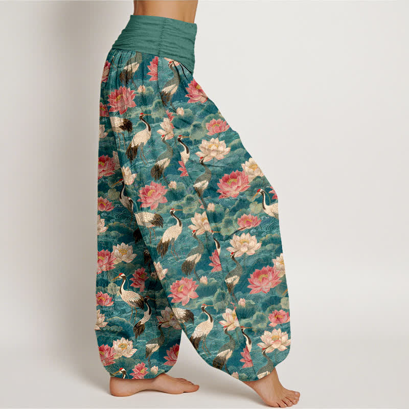 Buddha Stones Dames harembroek met elastische Taille en lotus- en kraanvogelprint - image 1