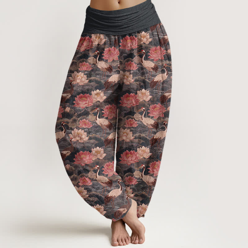 Buddha Stones Dames harembroek met elastische Taille en lotus- en kraanvogelprint - Donkergrijs - US16, UK/AU20, EU48 (3XL) - image 5