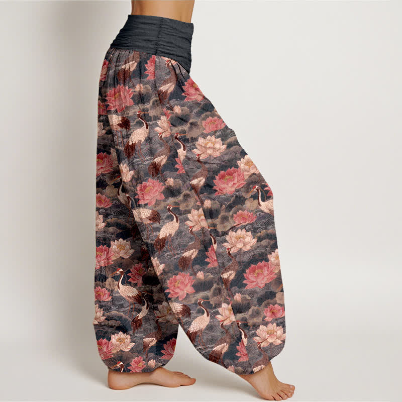 Buddha Stones Dames harembroek met elastische Taille en lotus- en kraanvogelprint - image 6