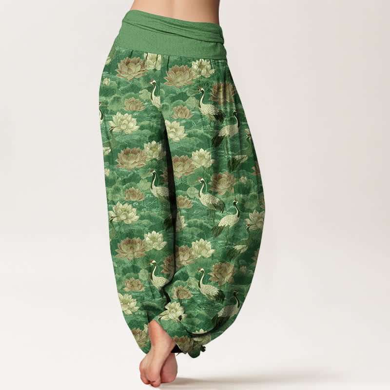 Buddha Stones Dames harembroek met elastische Taille en lotus- en kraanvogelprint - image 10