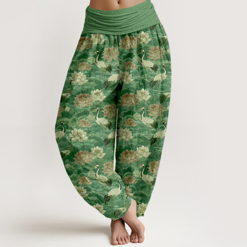 Buddha Stones Dames harembroek met elastische Taille en lotus- en kraanvogelprint - Middelzeegroen - US16, UK/AU20, EU48 (3XL) - image 8