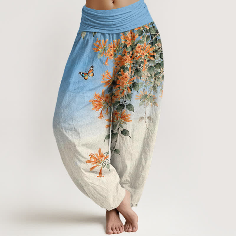 Buddha Stones Dames harembroek met elastische Taille , gemaakt van katoen in oranje met bloemen- en vlinderpatroon. - Diep Hemelsblauw - US16, UK/AU20, EU48 (3XL) - image 0