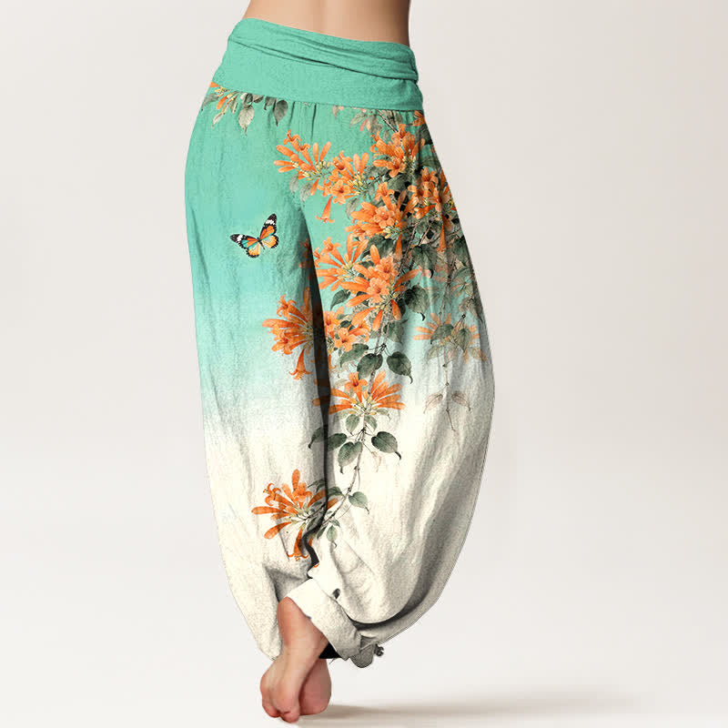 Buddha Stones Dames harembroek met elastische Taille , gemaakt van katoen in oranje met bloemen- en vlinderpatroon. - image 7
