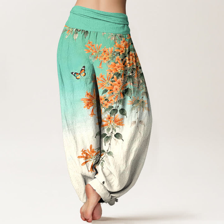 Buddha Stones Dames harembroek met elastische Taille , gemaakt van katoen in oranje met bloemen- en vlinderpatroon. - image 7