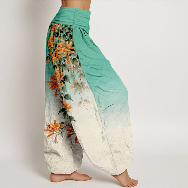 Buddha Stones Dames harembroek met elastische Taille , gemaakt van katoen in oranje met bloemen- en vlinderpatroon. - image 6
