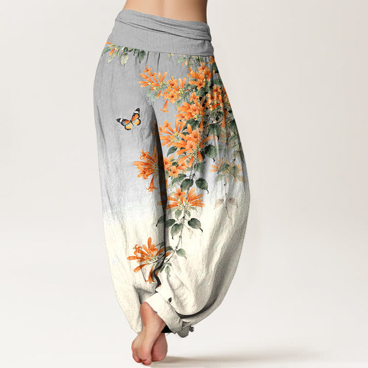 Buddha Stones Dames harembroek met elastische Taille , gemaakt van katoen in oranje met bloemen- en vlinderpatroon. - image 10