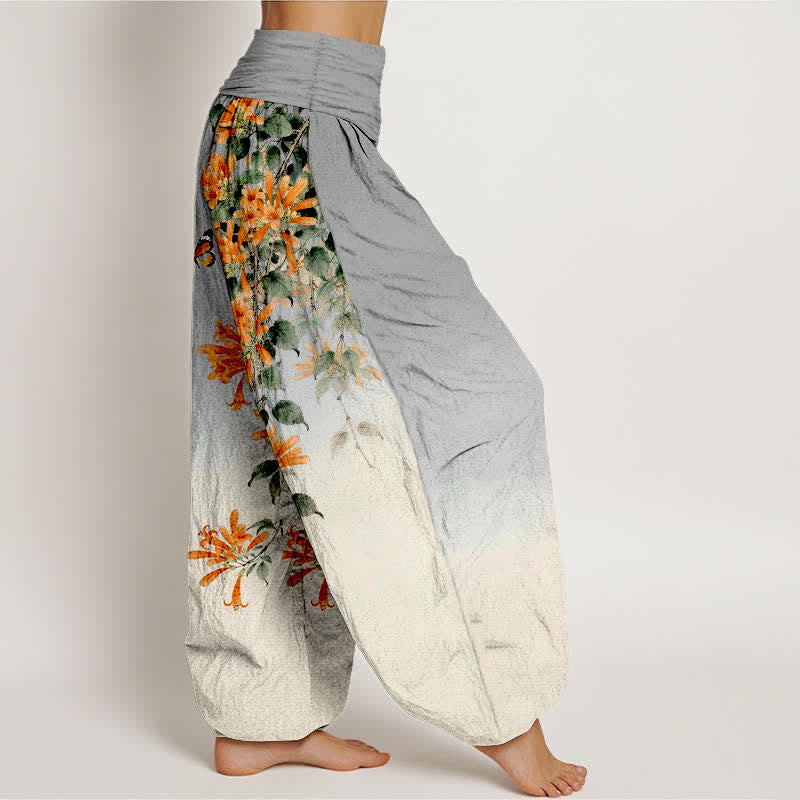 Buddha Stones Dames harembroek met elastische Taille , gemaakt van katoen in oranje met bloemen- en vlinderpatroon. - image 9
