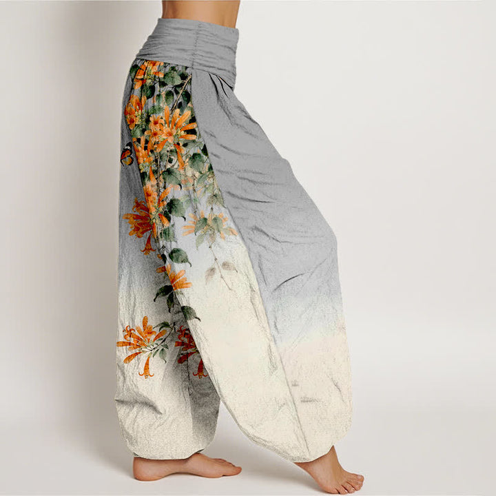 Buddha Stones Dames harembroek met elastische Taille , gemaakt van katoen in oranje met bloemen- en vlinderpatroon. - image 9