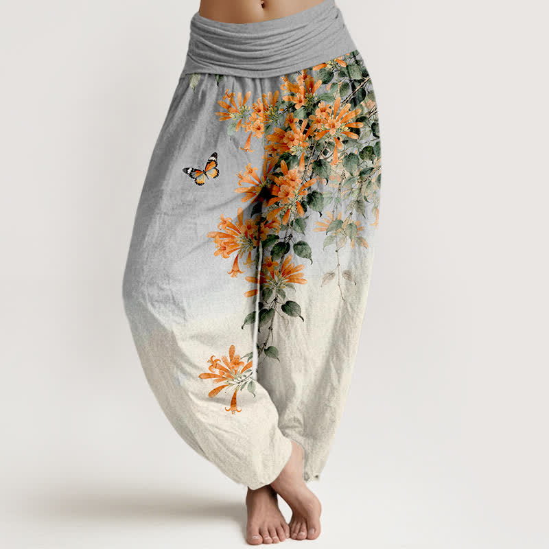 Buddha Stones Dames harembroek met elastische Taille , gemaakt van katoen in oranje met bloemen- en vlinderpatroon. - Lichtgrijs - US16, UK/AU20, EU48 (3XL) - image 8