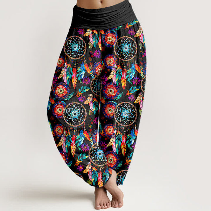 Buddha Stones Dames harembroek met elastische Taille en dromenvanger- en verenpatroon - Zwart - US16, UK/AU20, EU48 (3XL) - image 0