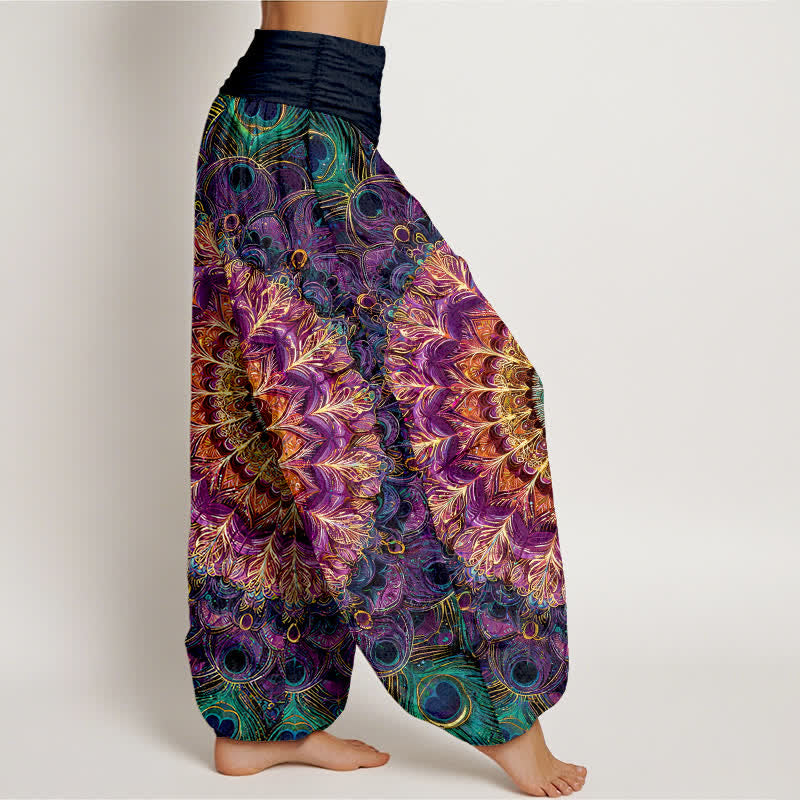 Buddha Stones Harembroek voor dames met elastische Taille en mandala- en verenpatroon van 100% Cotton - image 1
