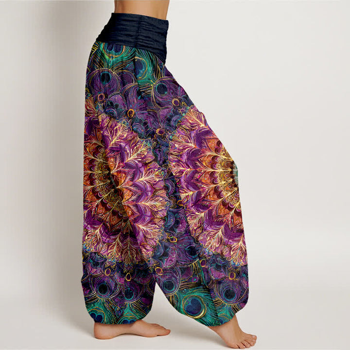 Buddha Stones Harembroek voor dames met elastische Taille en mandala- en verenpatroon van 100% Cotton - image 1