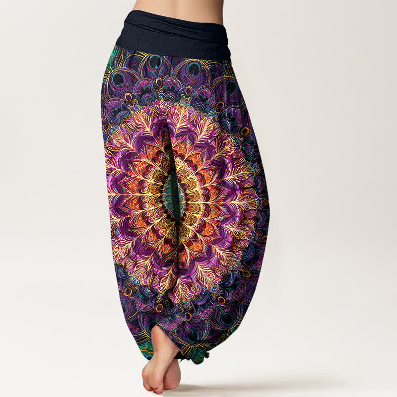 Buddha Stones Harembroek voor dames met elastische Taille en mandala- en verenpatroon van 100% Cotton - image 2