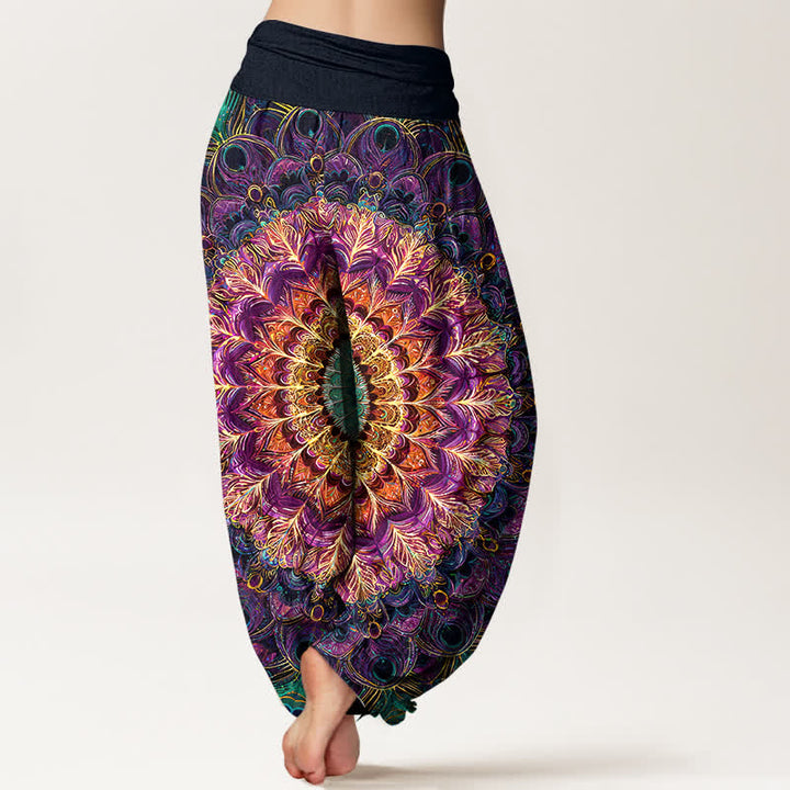 Buddha Stones Harembroek voor dames met elastische Taille en mandala- en verenpatroon van 100% Cotton - image 2